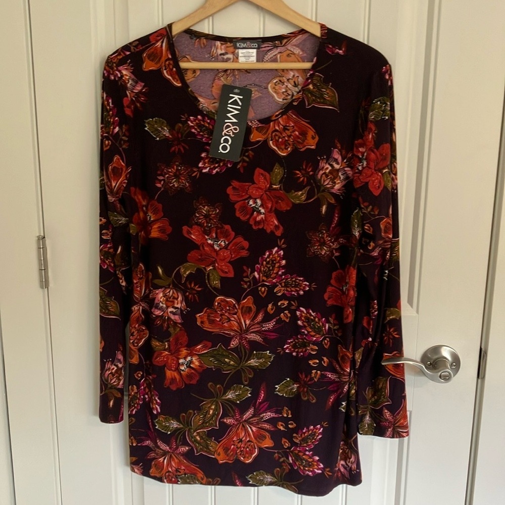 KIM & CO TUNIC TOP Long Sleeve Scoop Neck AUBERGINE Floral XL NEW